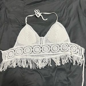 NWOT White Crochet Crop Top Tie Back Halter Neck Cover Up